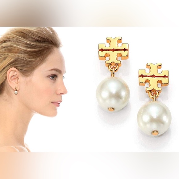 Tory Burch Authentic NWT RARE Luxury Minimalist Wedding logo pearl drop earrings - Picture 3 of 17